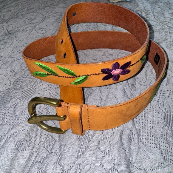 Gap Leather Floral Embroidered Brown Belt Brass Buckle L Vintage Bohemian BOHO - Picture 1 of 8